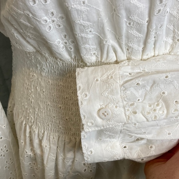 Splendid x Cella Jane Eyelet Mini Dress M White Tiered Smocked Feminine Pretty - Picture 9 of 16